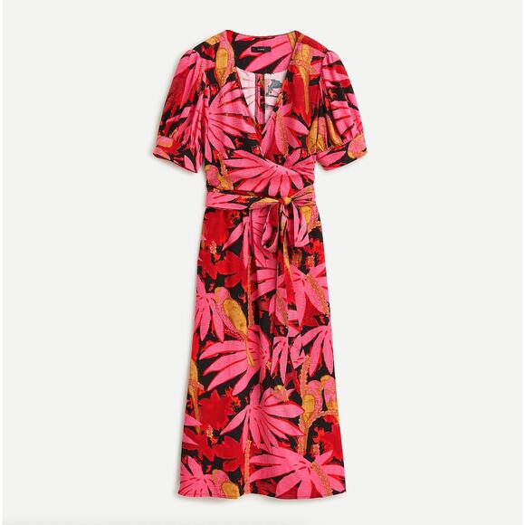 J. CREW Faux Wrap Midi Dress Palm Print Red Pink Sz 4 {TT11} - Picture 1 of 8